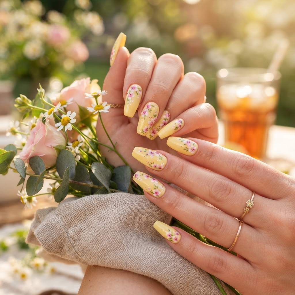Butter yellow and pink floral press-on nails are the perfect summer manicure choice.