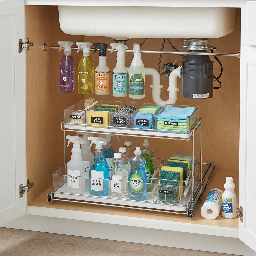 Transform the 'scary' under-sink area into an organized storage solution with tiered pull-out drawers.