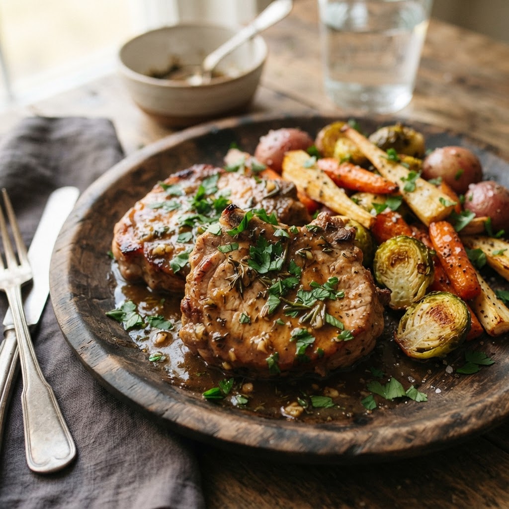 A perfectly plated meal featuring tender pork chops from the slow cooker.