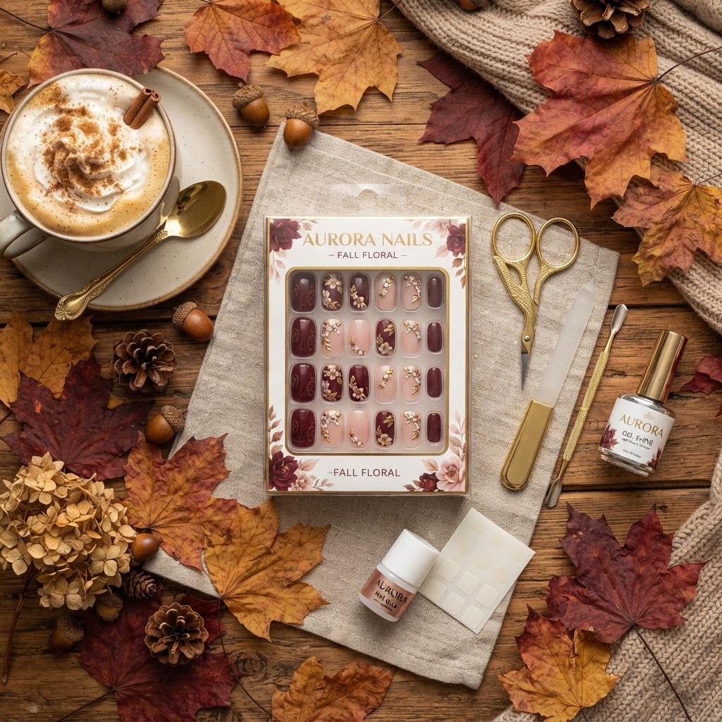 A complete DIY fall nails kit featuring burgundy floral designs and essential application tools.
