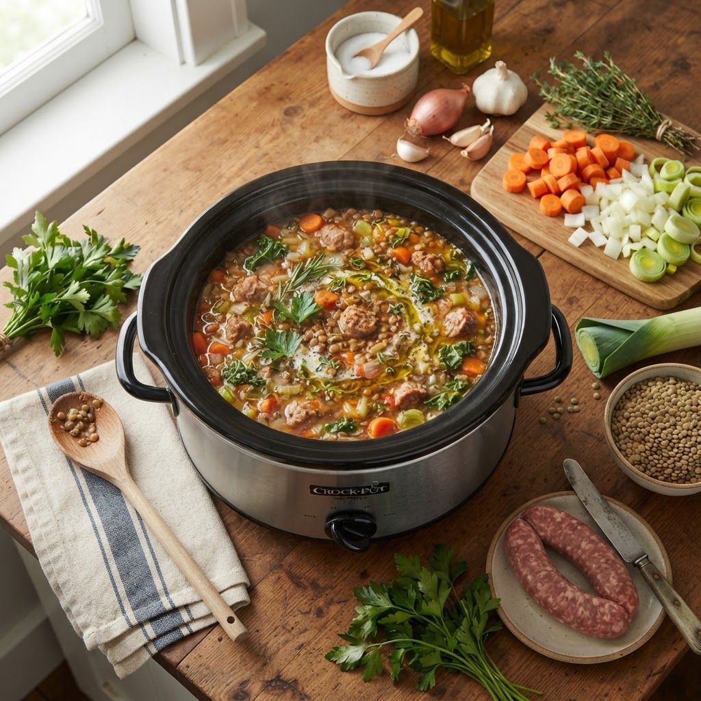 Fresh ingredients prepped for a hearty soup.