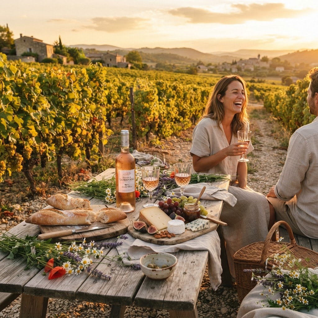 The perfect golden hour picnic in the French countryside.