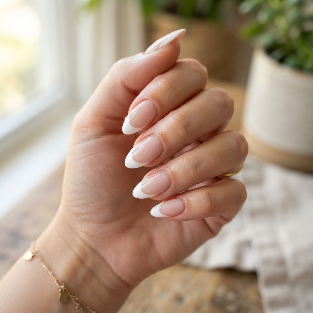 Almond-shaped french press-on nails for a sophisticated look.