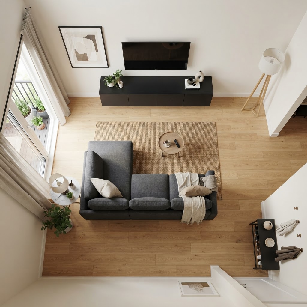 Keeping pathways clear and utilizing wall mounts expands visual floor space.
