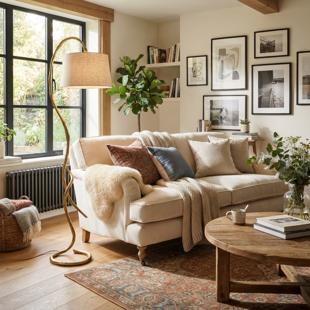 A brass floor lamp adds a touch of modern luxury to the living area.