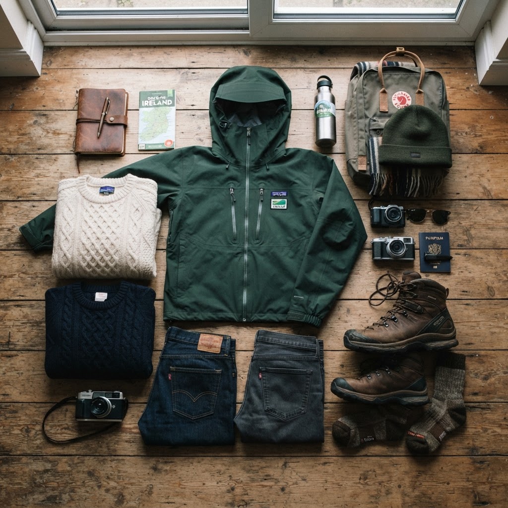 The essential components of a 7-day Ireland capsule wardrobe.