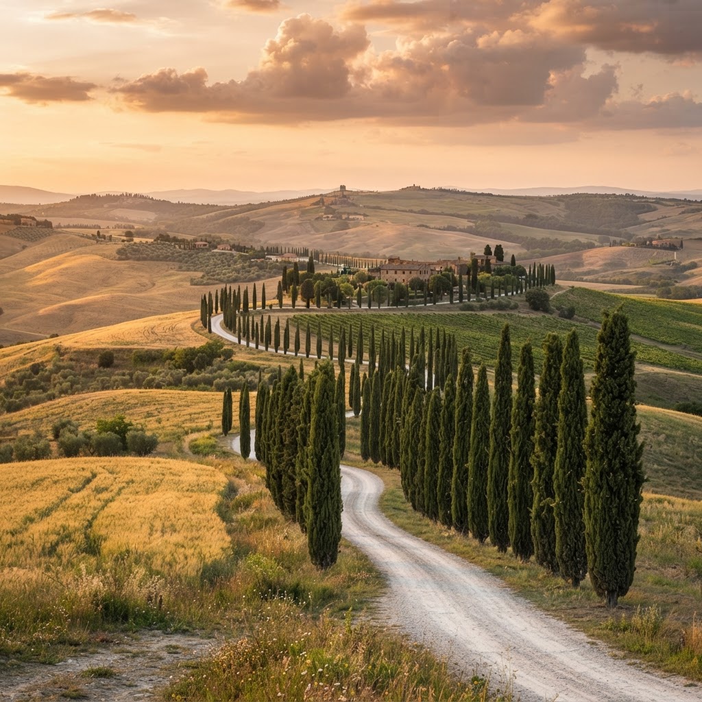 The iconic rolling hills of the Tuscany countryside bathed in golden hour light.
