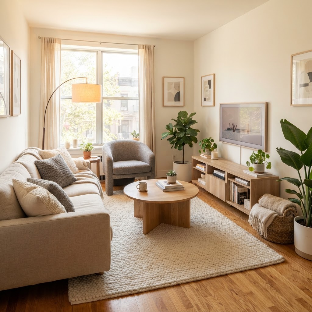 Bright and airy living room layout.