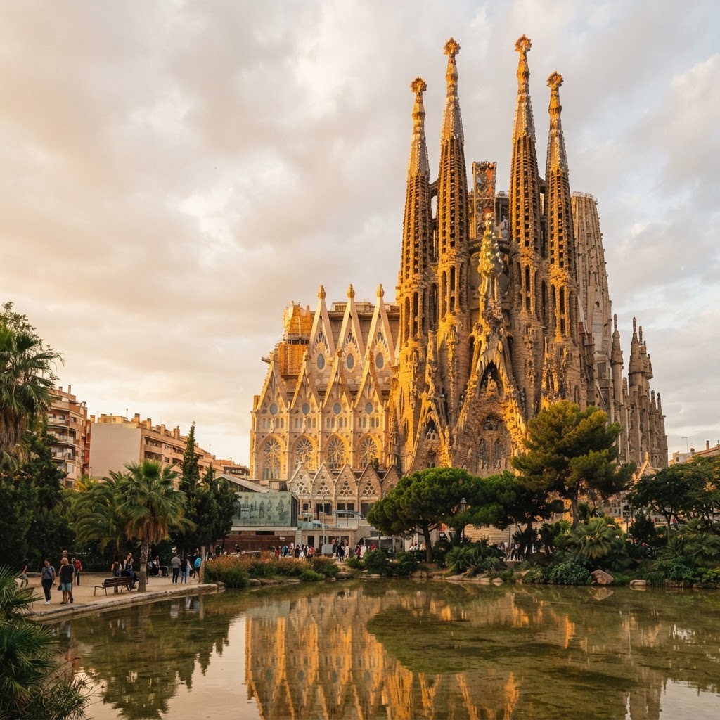 The golden hour light illuminates the intricate Nativity facade.