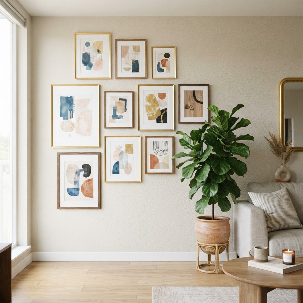 Gallery walls add personality to blank rental walls.