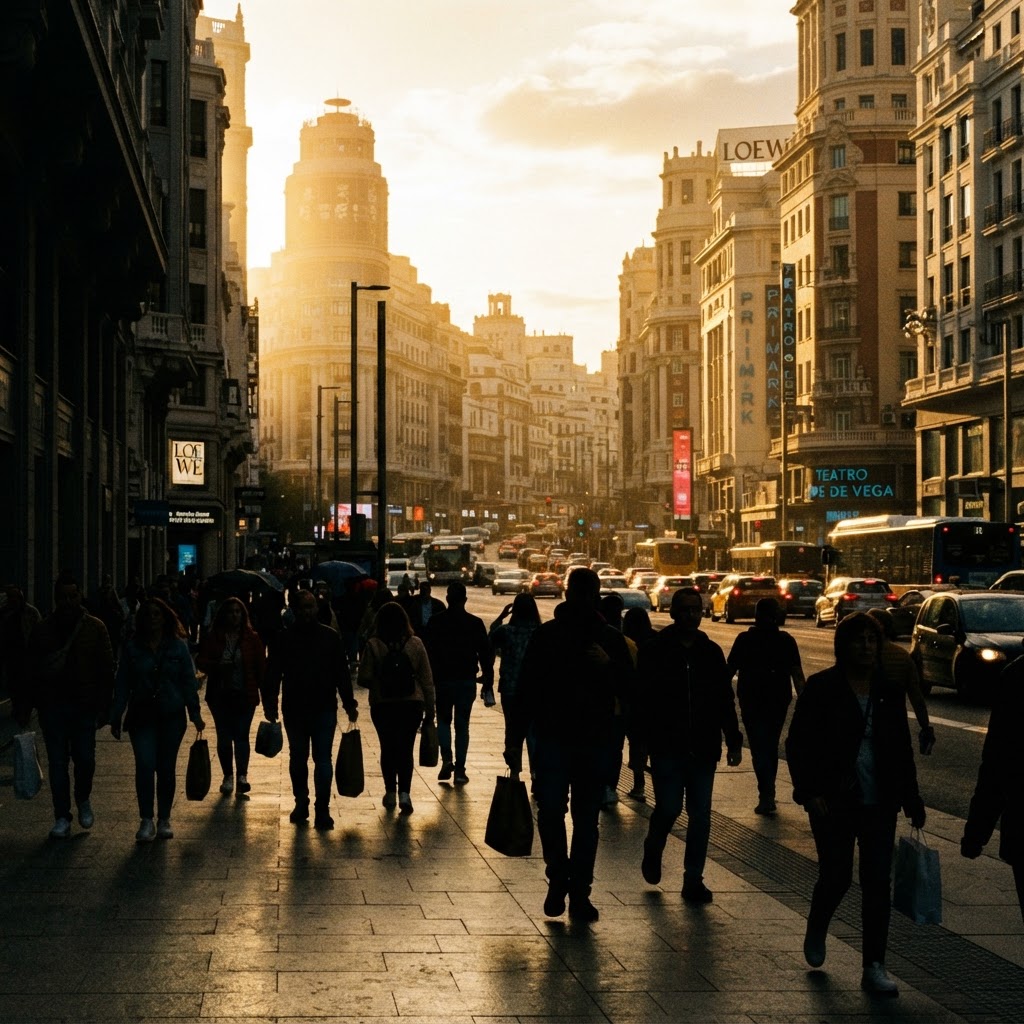 The streets of Madrid vibrate with energy as the city transitions into the golden hour.