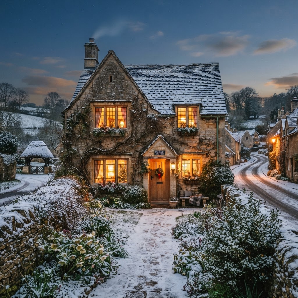 A classic Cotswold cottage perfectly capturing the winter in England aesthetic.