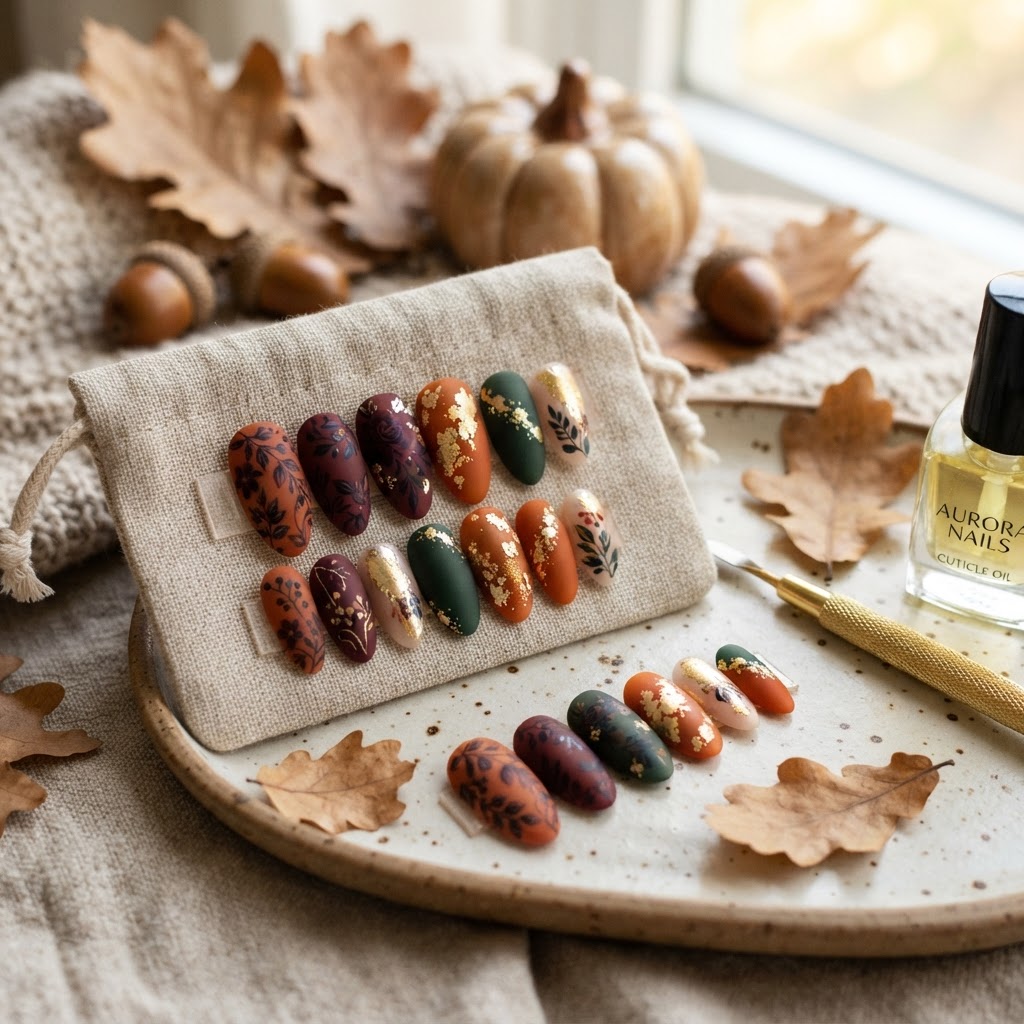 Transition into fall with sophisticated, moody floral press-on designs.