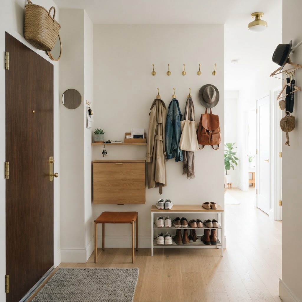 A vertical command center transforms a narrow entryway into a functional mudroom.