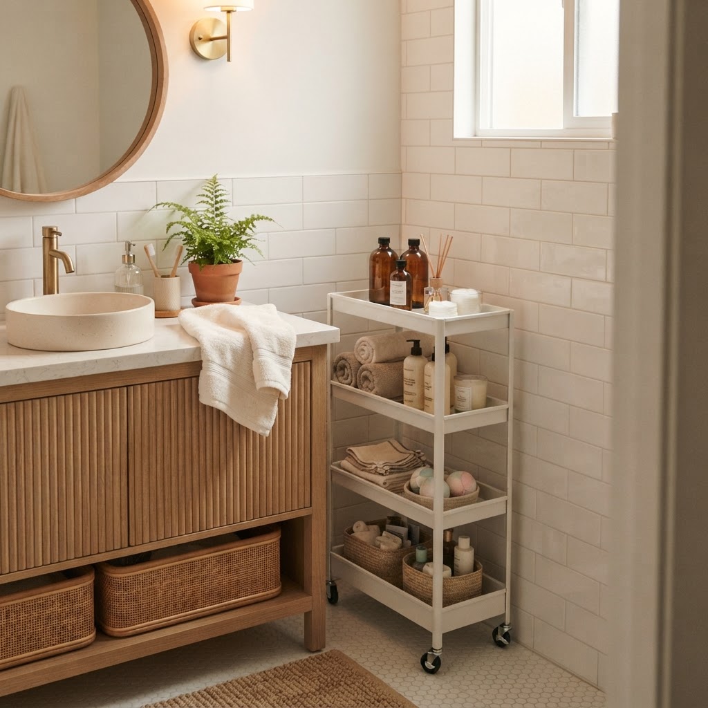 A rolling cart is a flexible storage solution for small bathrooms.