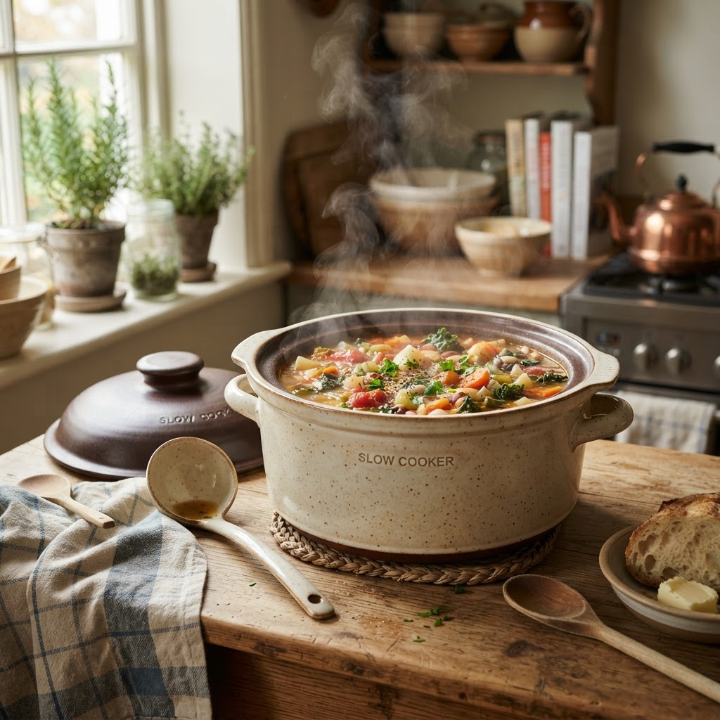A steaming bowl of fresh vegetable slow cooker soup.