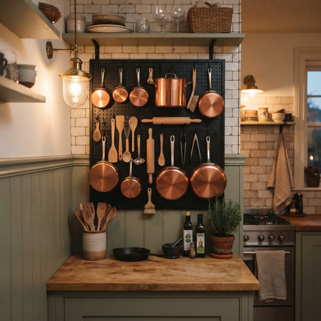 A pegboard is a versatile storage hero for any small kitchen wall.