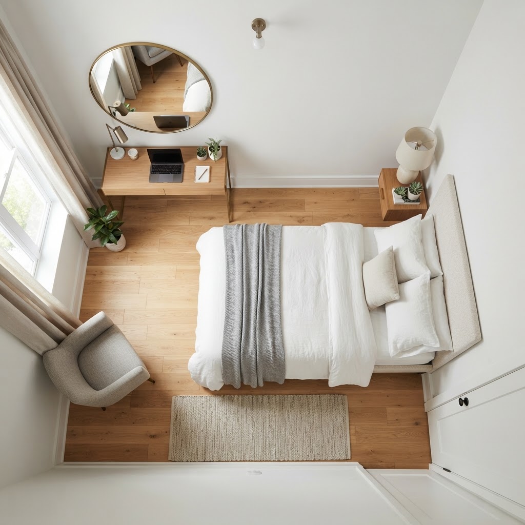 Strategic use of mirrors and floating furniture makes the room feel larger.