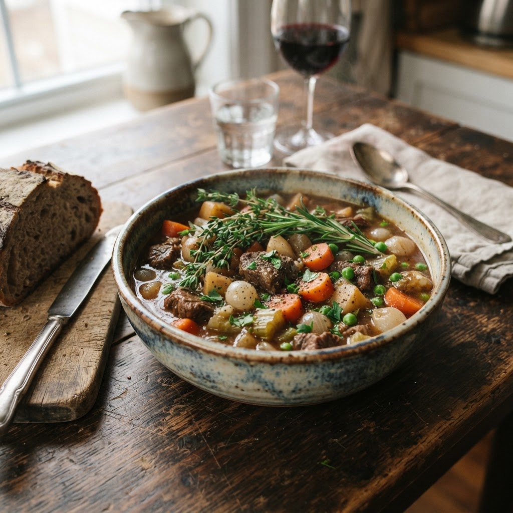 A warm bowl of classic beef stew, ready for a comforting dinner.