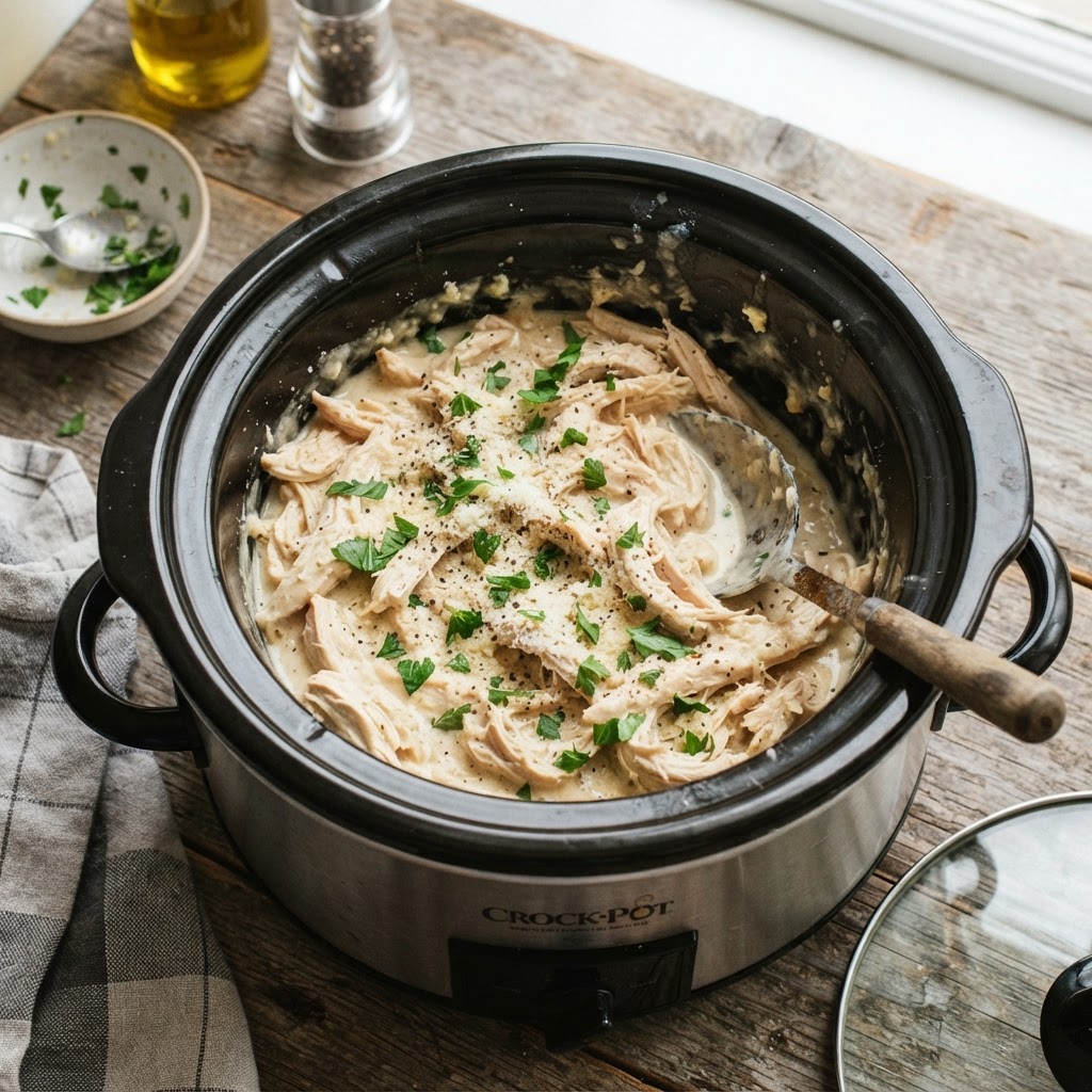 Creamy garlic parmesan chicken fresh from the slow cooker.