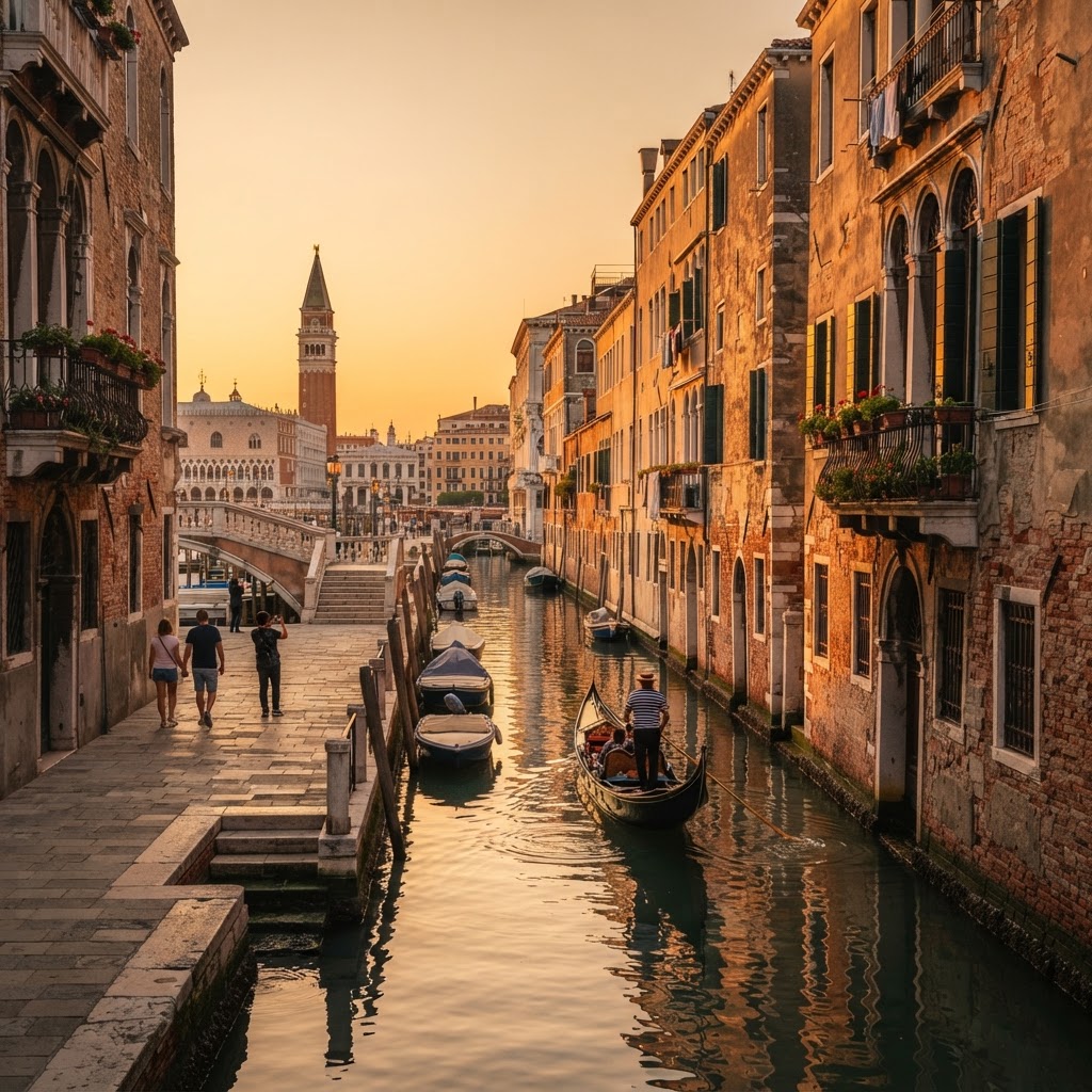 The golden hour light creates a warm, ethereal glow on the historic Venetian architecture.