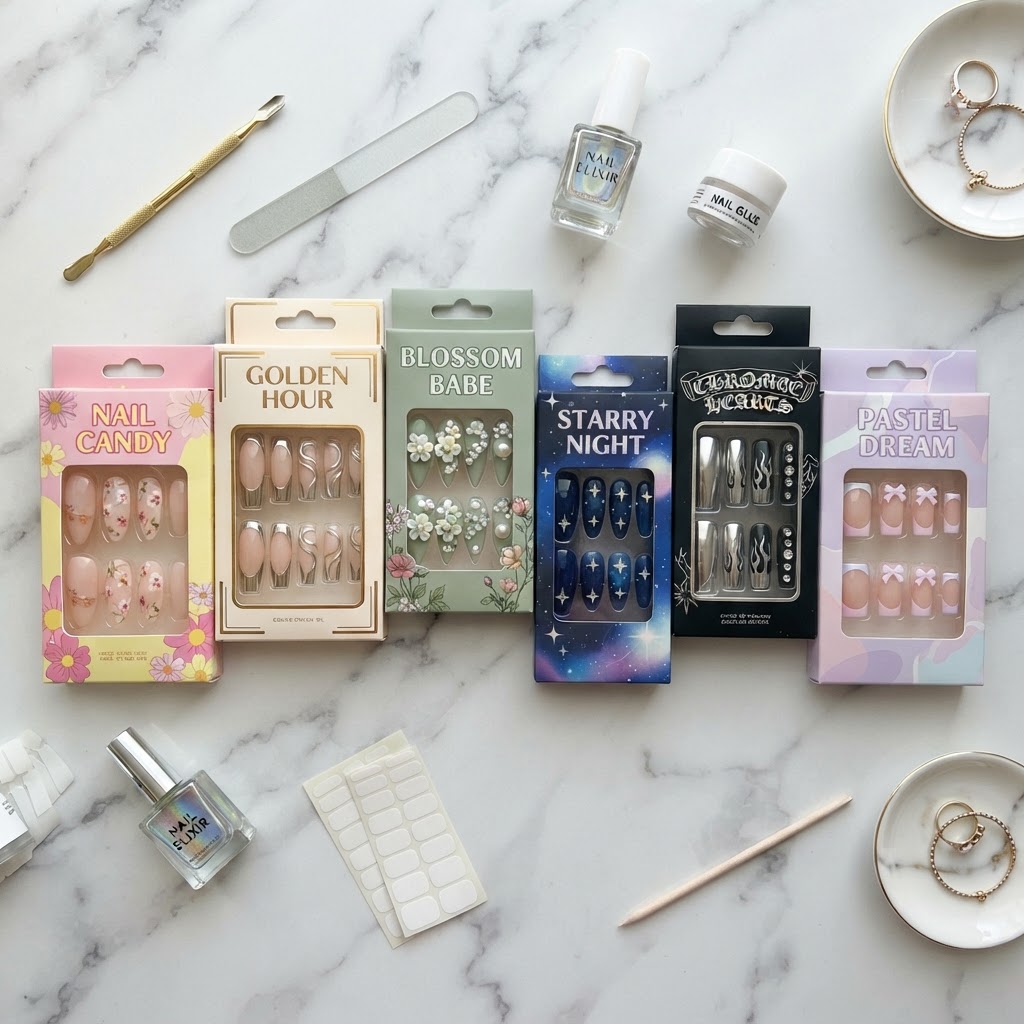 A stunning collection of diverse, trendy press-on nail designs.