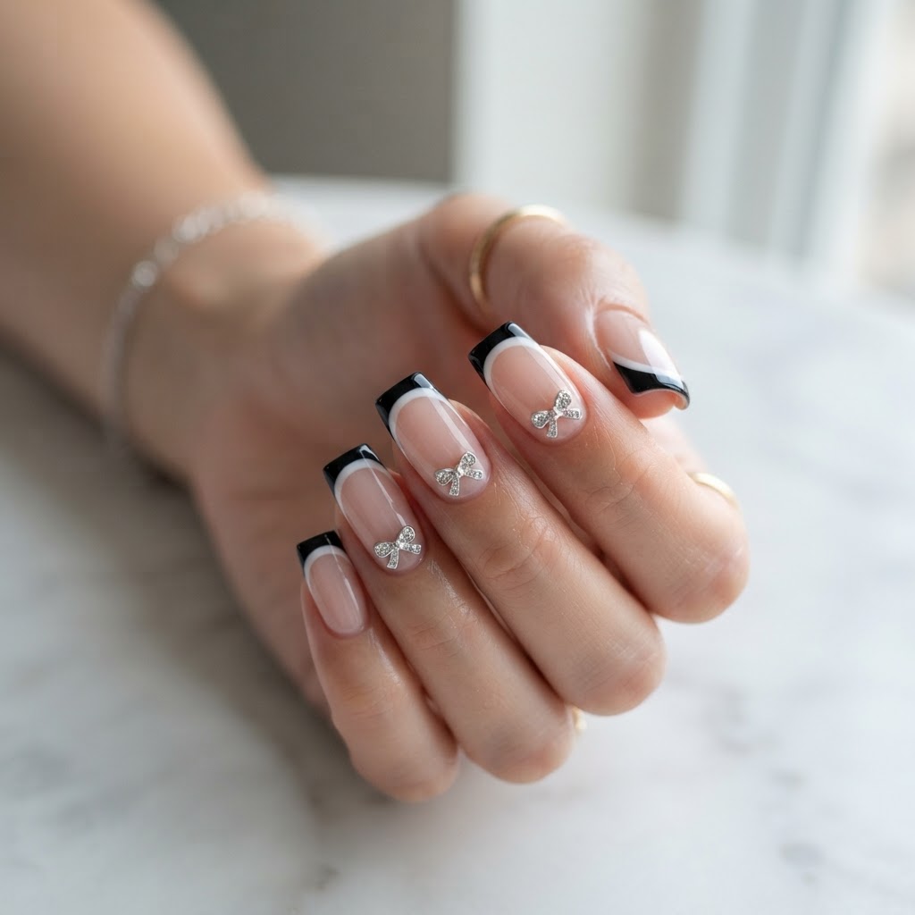 Chic square French tip nails decorated with 3D bow charms.