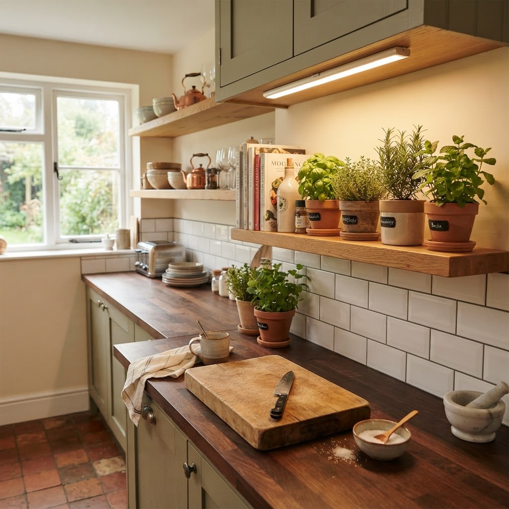 Small decor details like herbs and lighting can brighten any kitchen space.