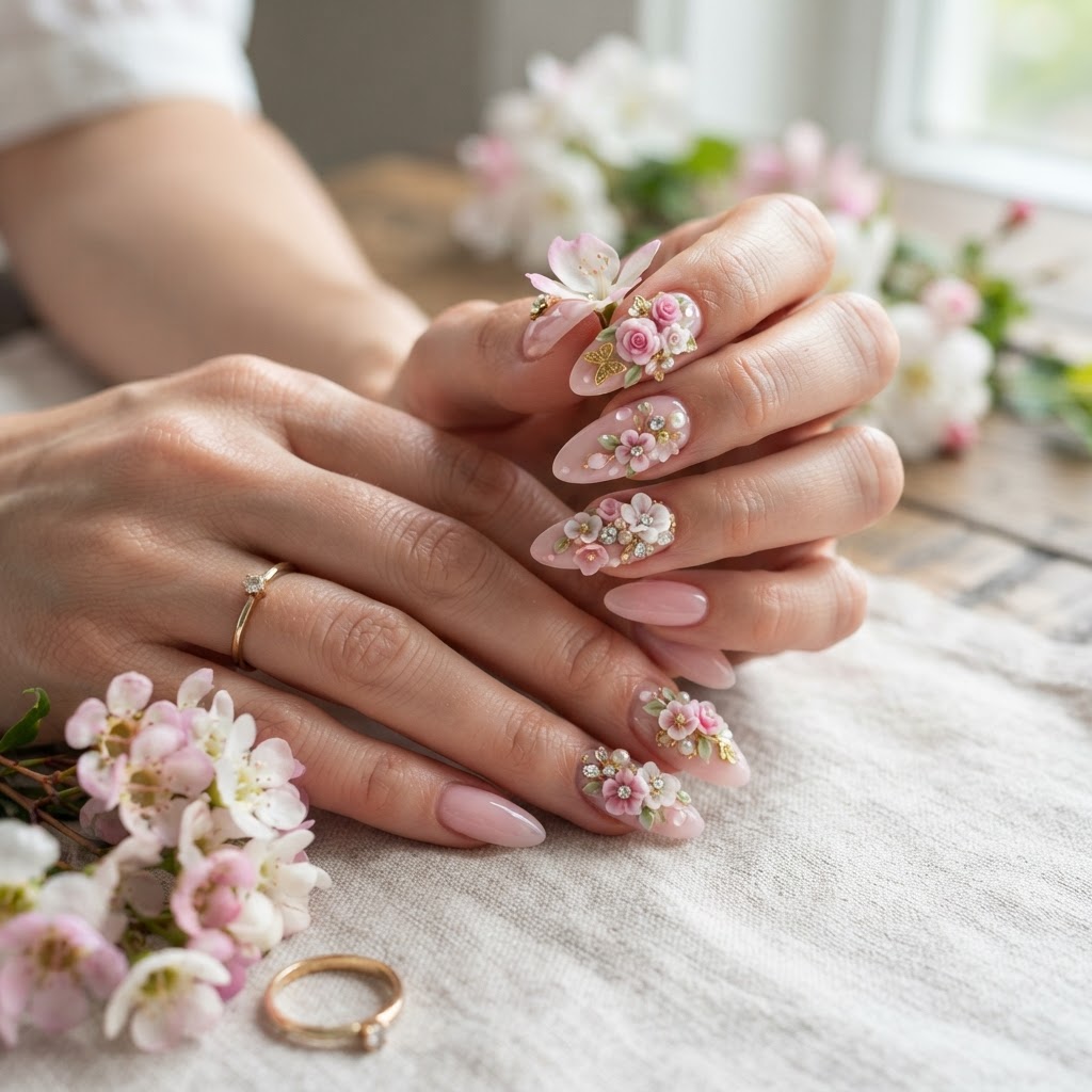 Intricate 3d flower designs on custom handmade almond-shaped nails.