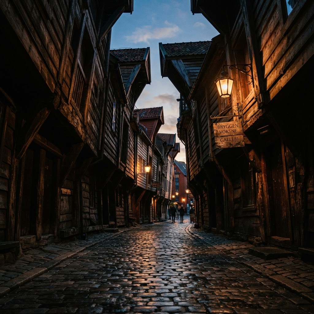 The narrow, mysterious alleys of the historic wharf as they light up at dusk.