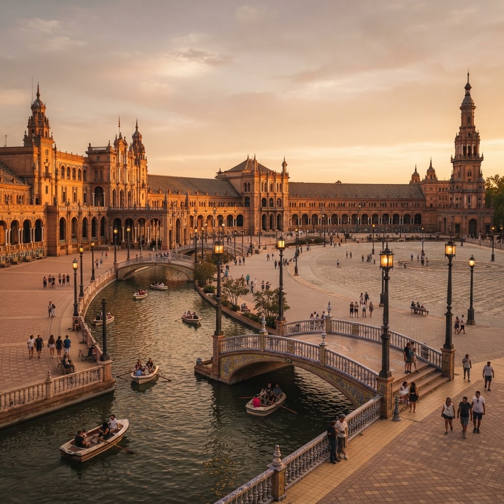 The stunning Plaza de España illuminated by the warm glow of sunset.