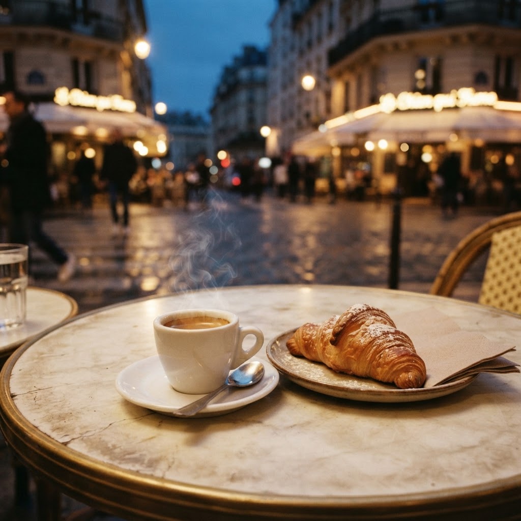 A quiet moment at a Parisian café brings sophisticated charm to your screen.