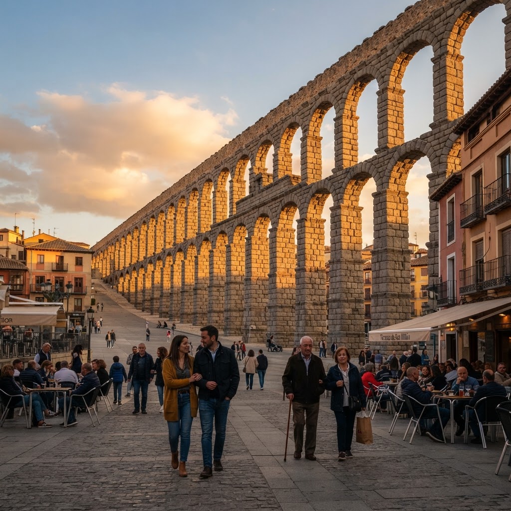 Sunset light casting shadows on the Roman Aqueduct of Segovia.