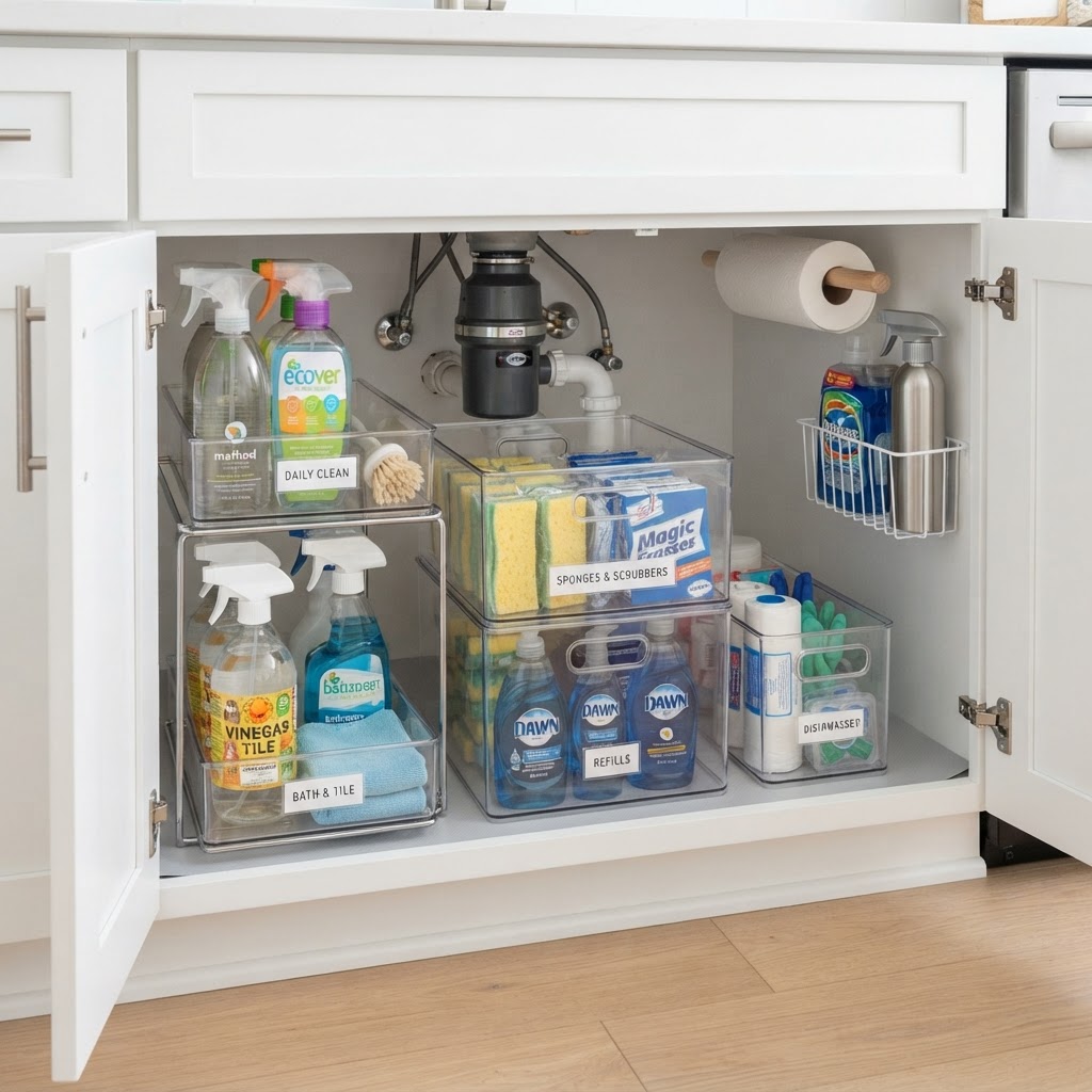 Clear organizers make under-sink storage efficient and accessible.