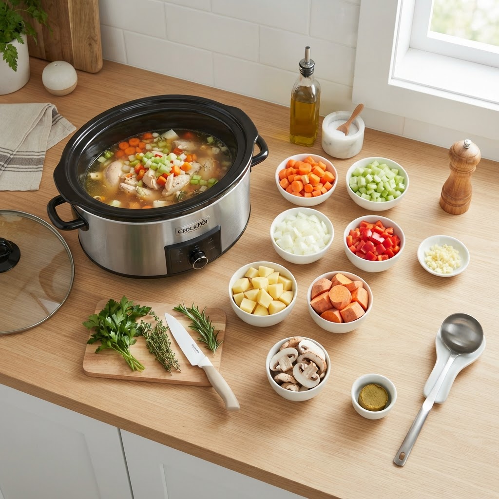 Preparing fresh ingredients for a healthy, slow-cooked soup dinner.