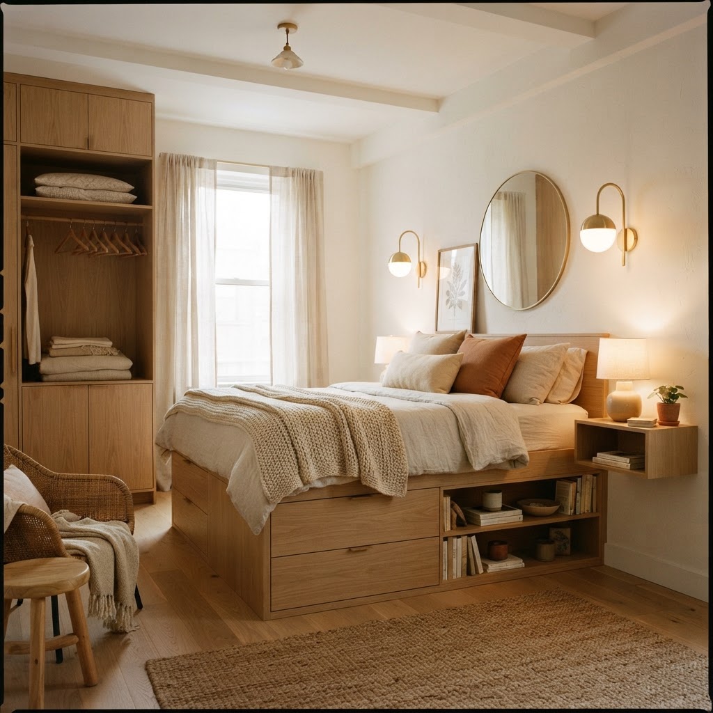 Floating furniture keeps the floor visible, creating an airy and open atmosphere.