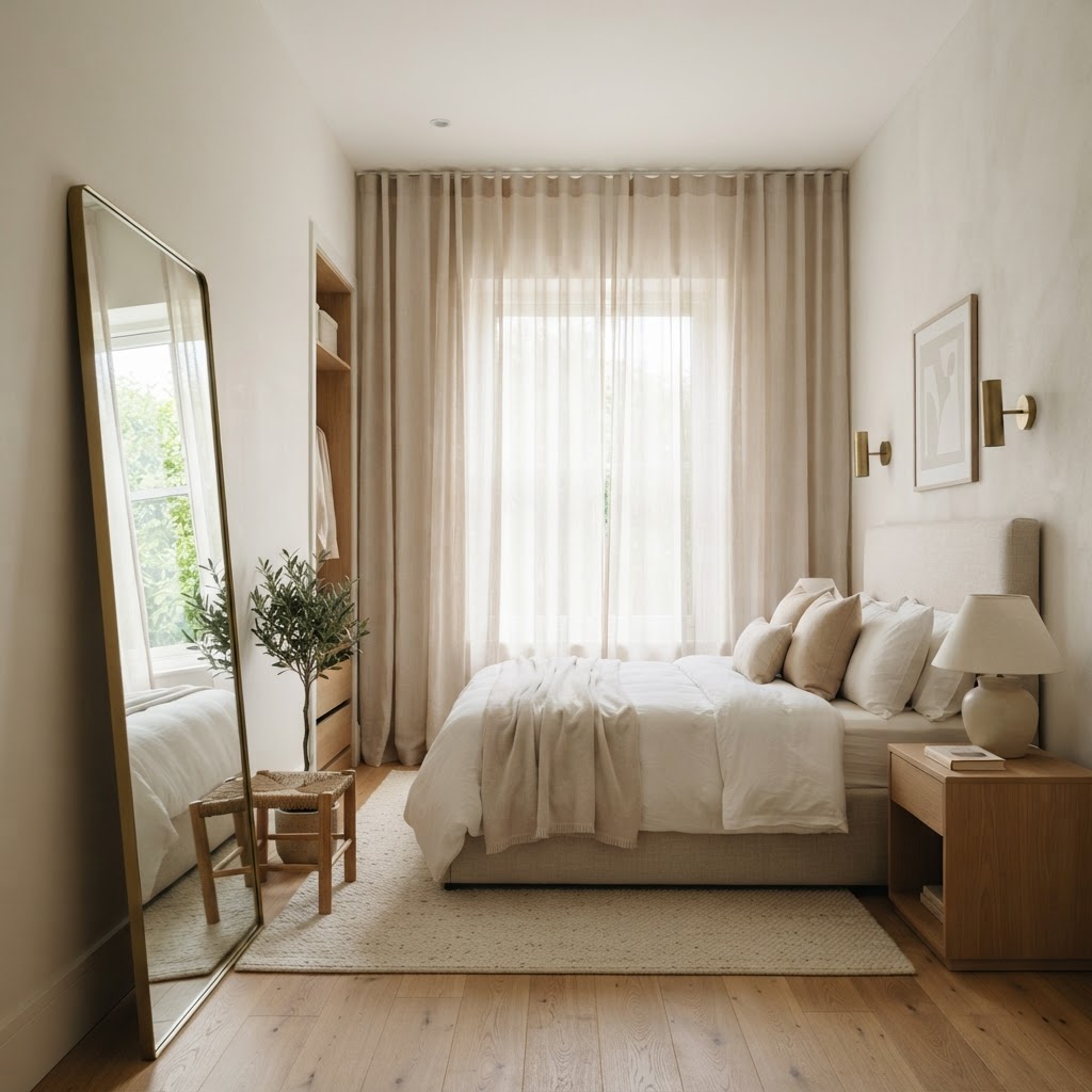 Mirrors and ceiling-height curtains create an illusion of space.