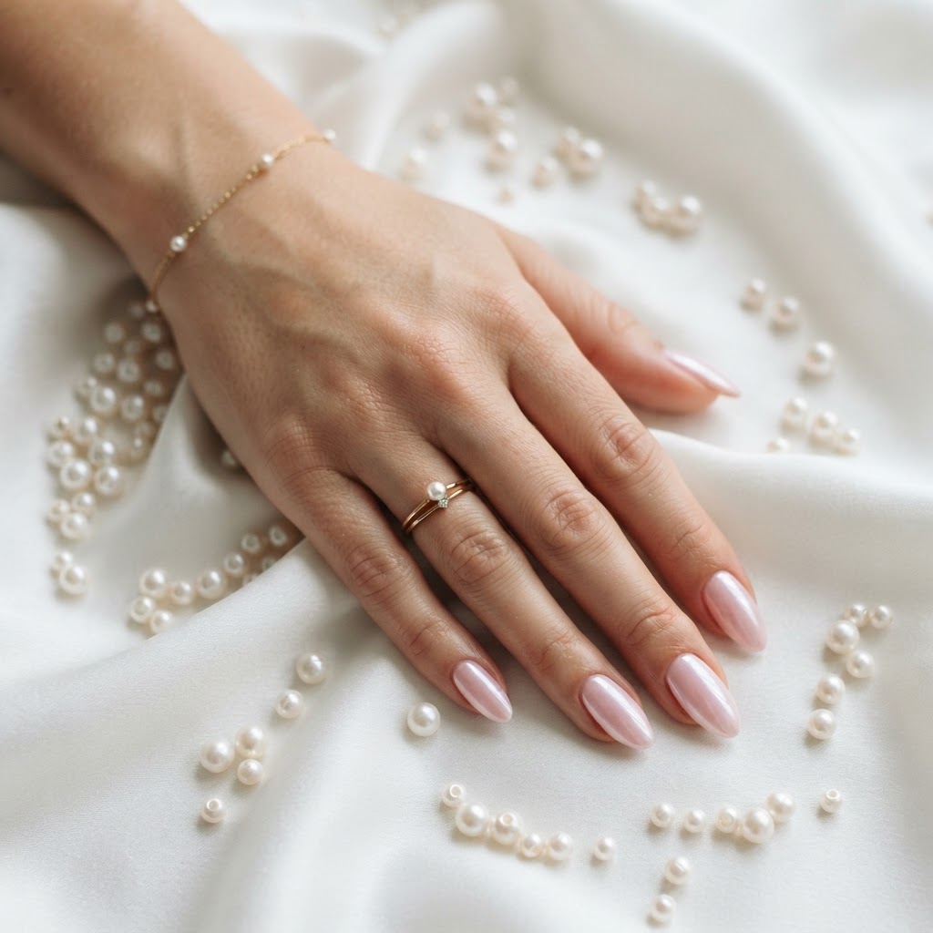 The perfect aesthetic manicure shot showcasing iridescent pearl tones.