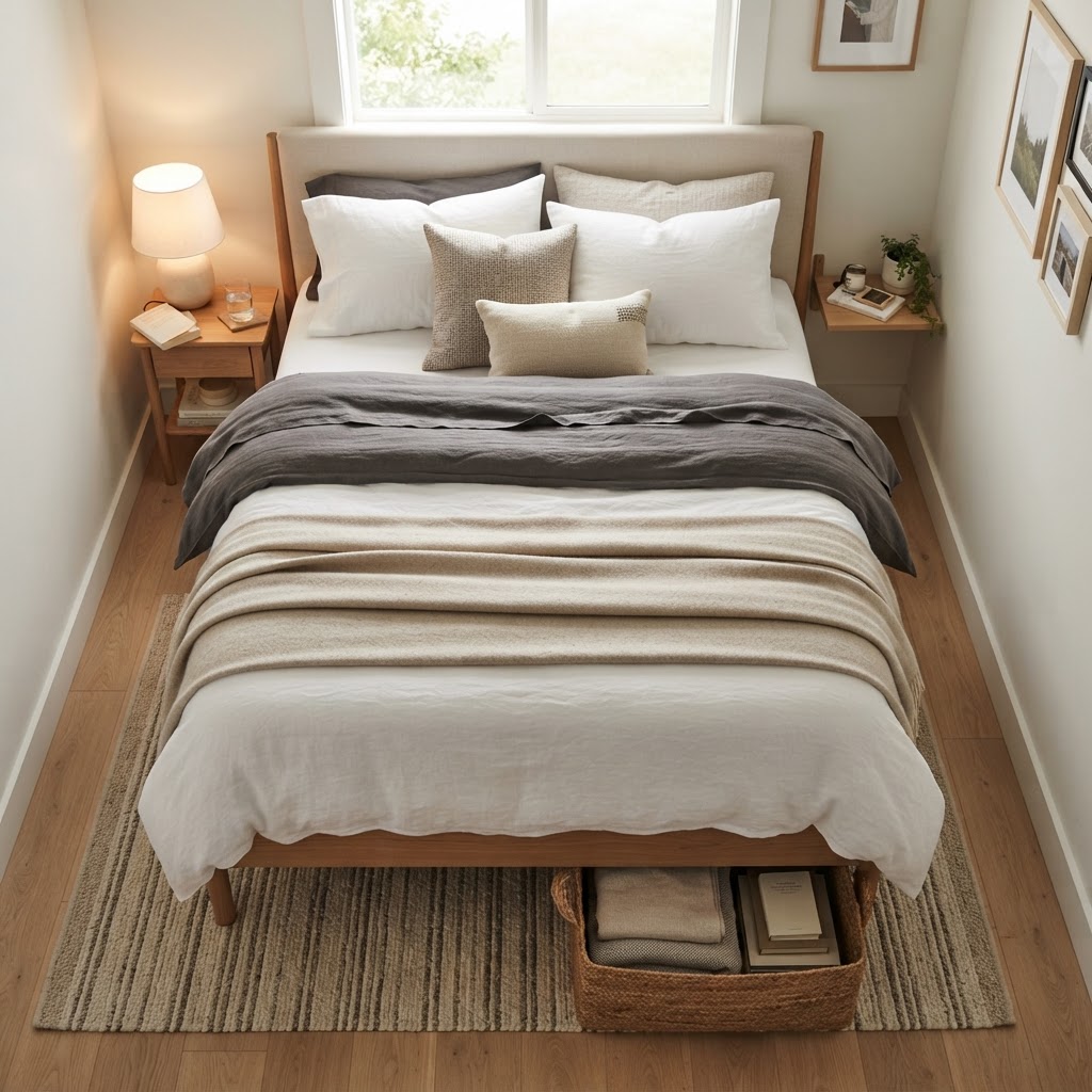 Layered bedding and hidden storage keep small rooms clutter-free.