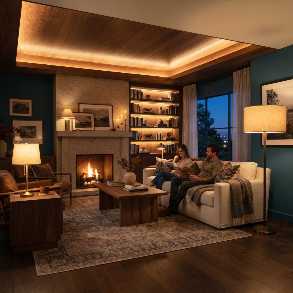 Layered lighting creates an inviting, sophisticated living space.