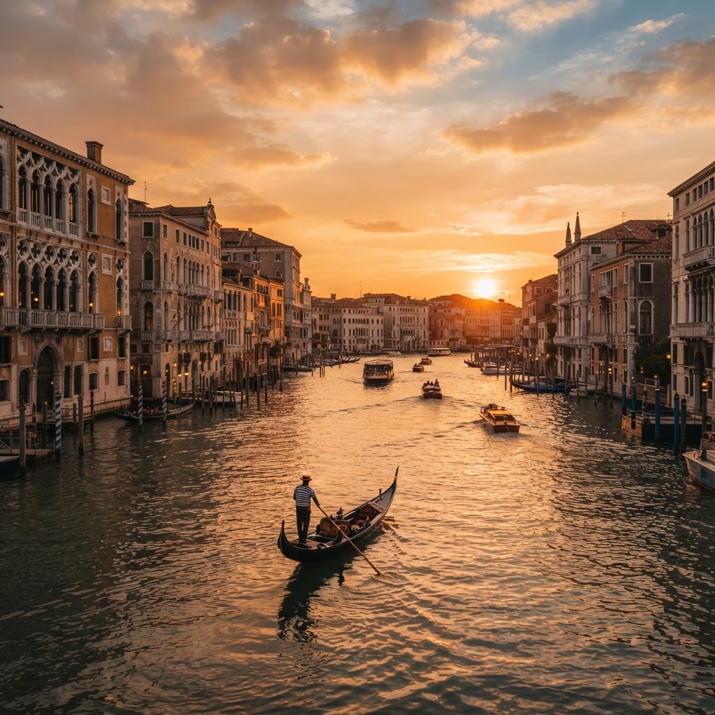 The iconic Grand Canal at golden hour.