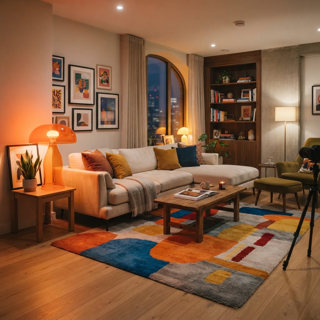 A bold, mushroom-style glow lamp brings a playful, neon warmth to a cozy cream sofa.