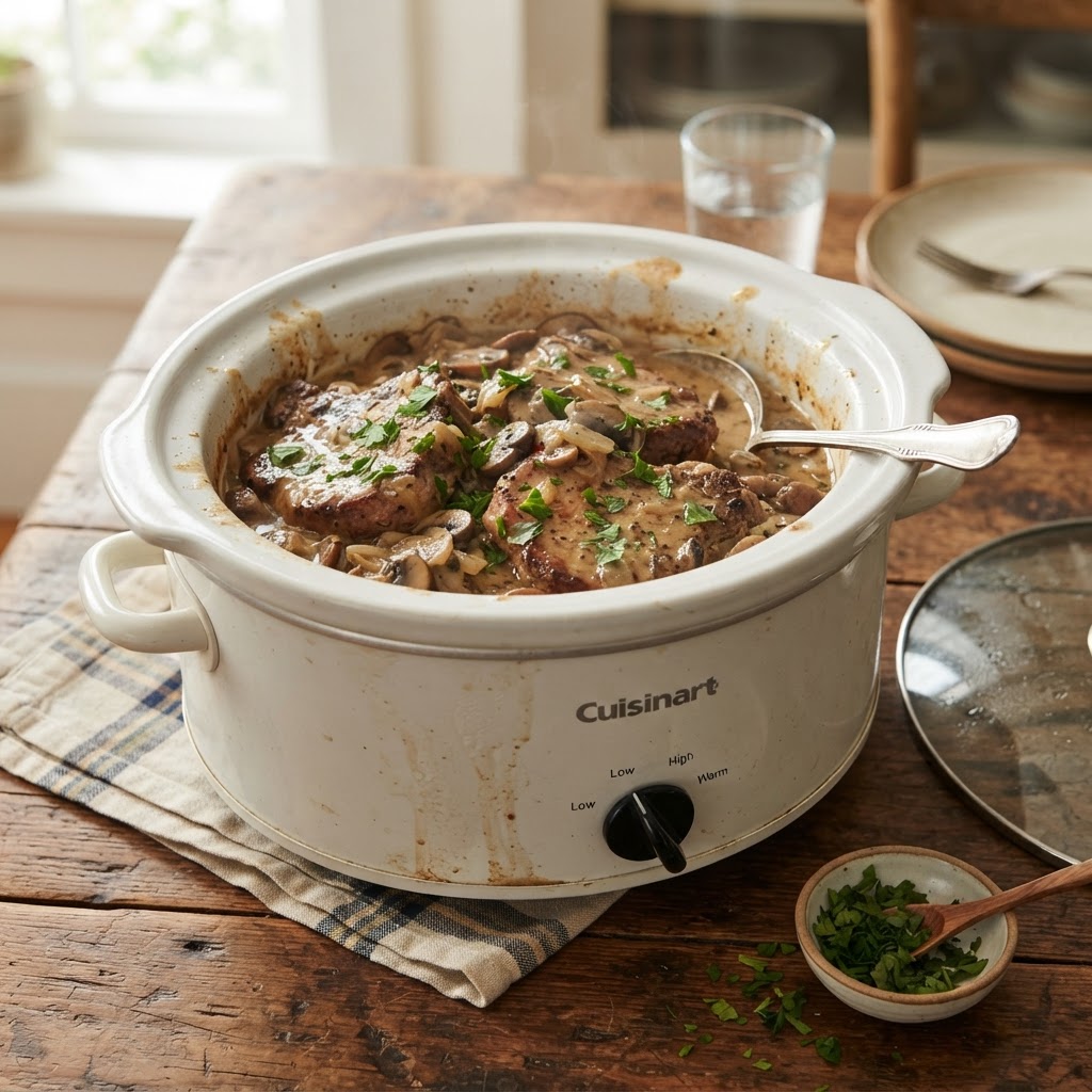 Tender slow cooker pork chops served right from the pot.