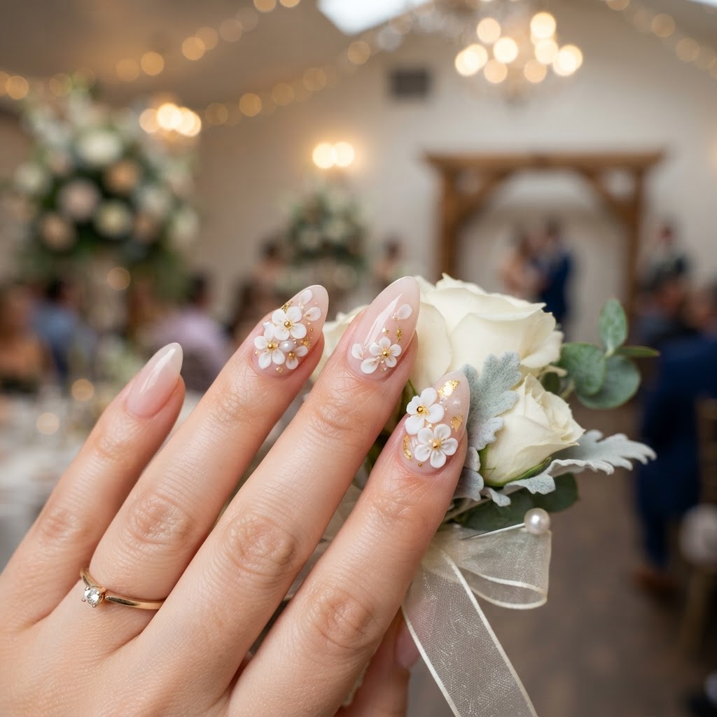 Soft pink 3D floral press-on nails are the perfect choice for a sophisticated wedding guest look.