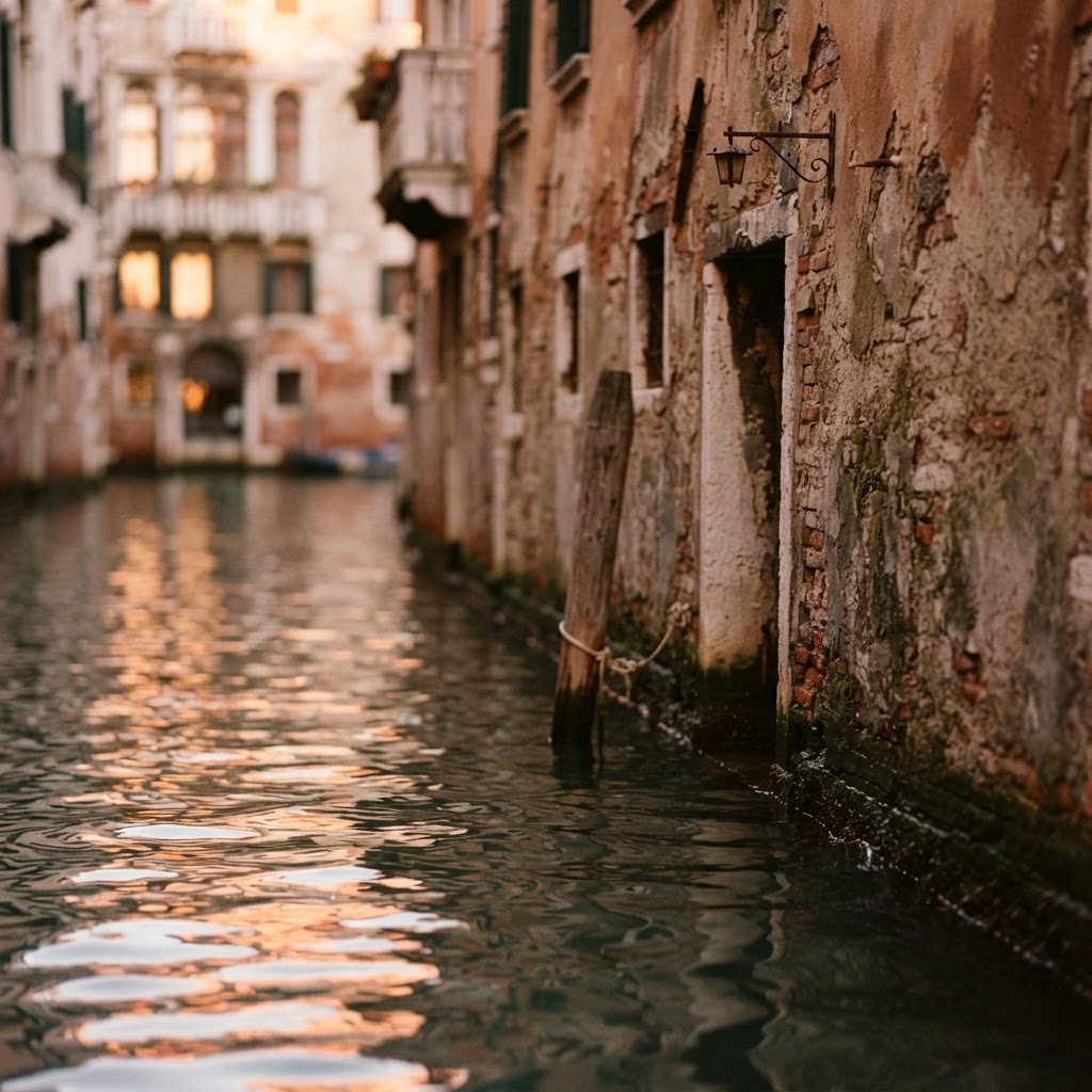 Reflections in a quiet, hidden Venetian canal.