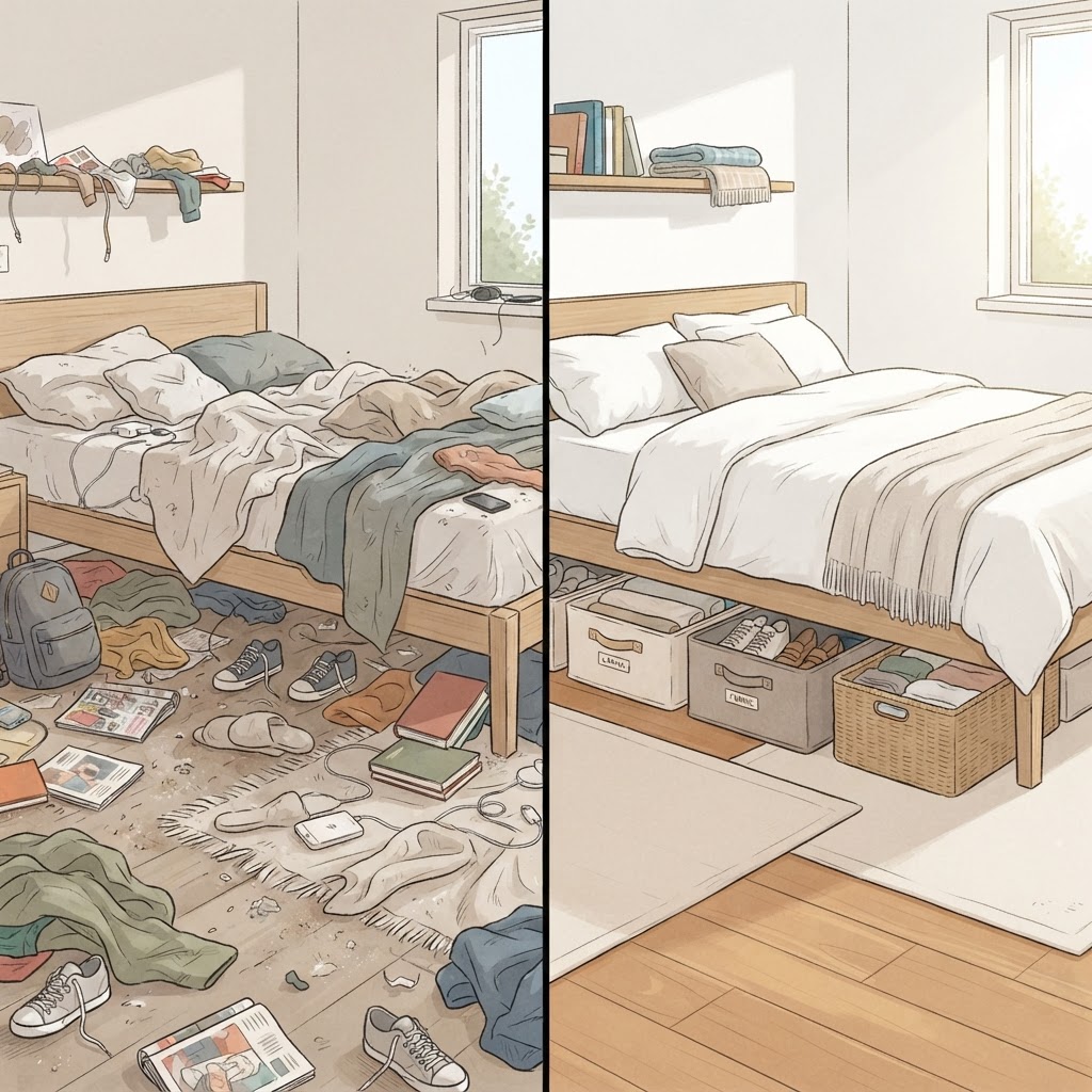 Clear organization under the bed creates a visual sense of calm.