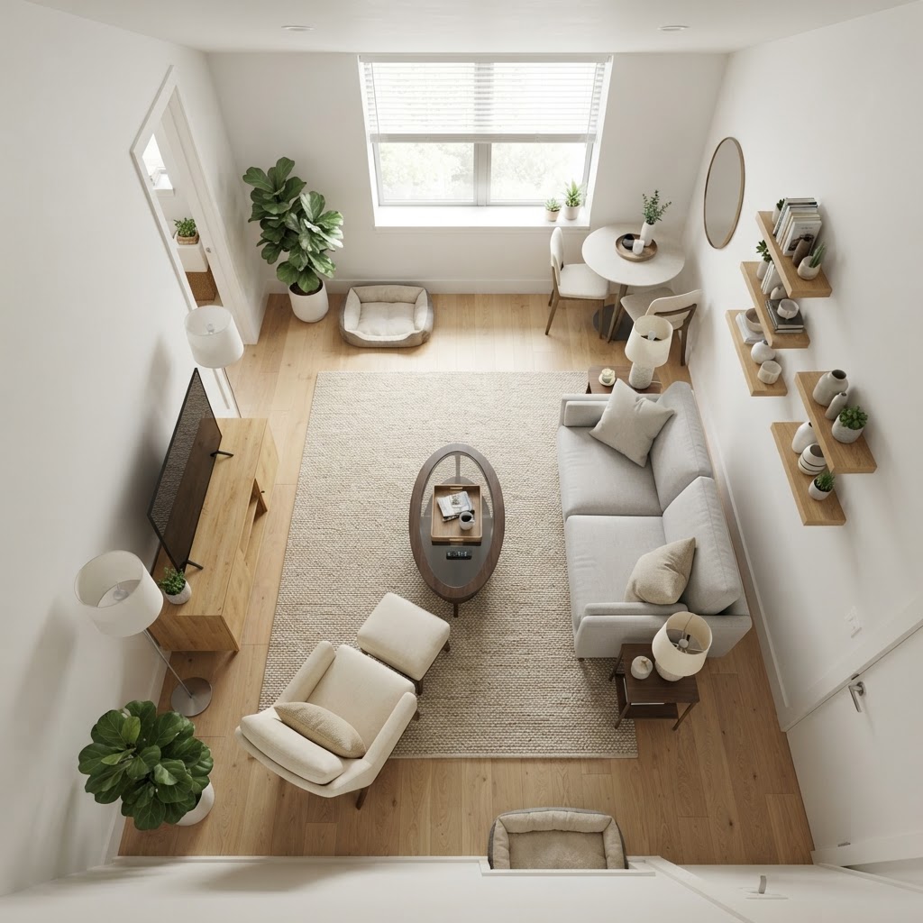 Careful arrangement allows for both a TV area and a clear walkway.