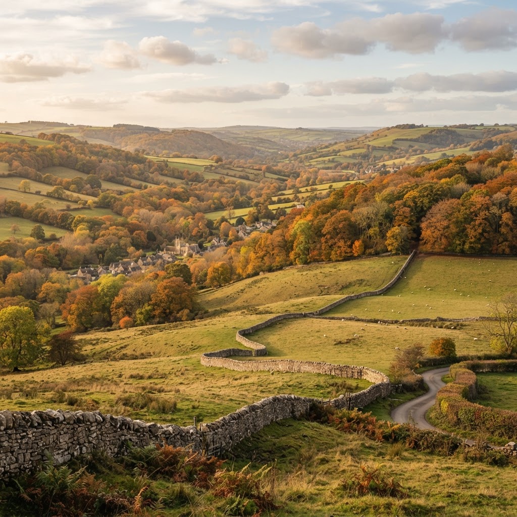 The rolling landscape of the Cotswolds dressed in autumnal gold.