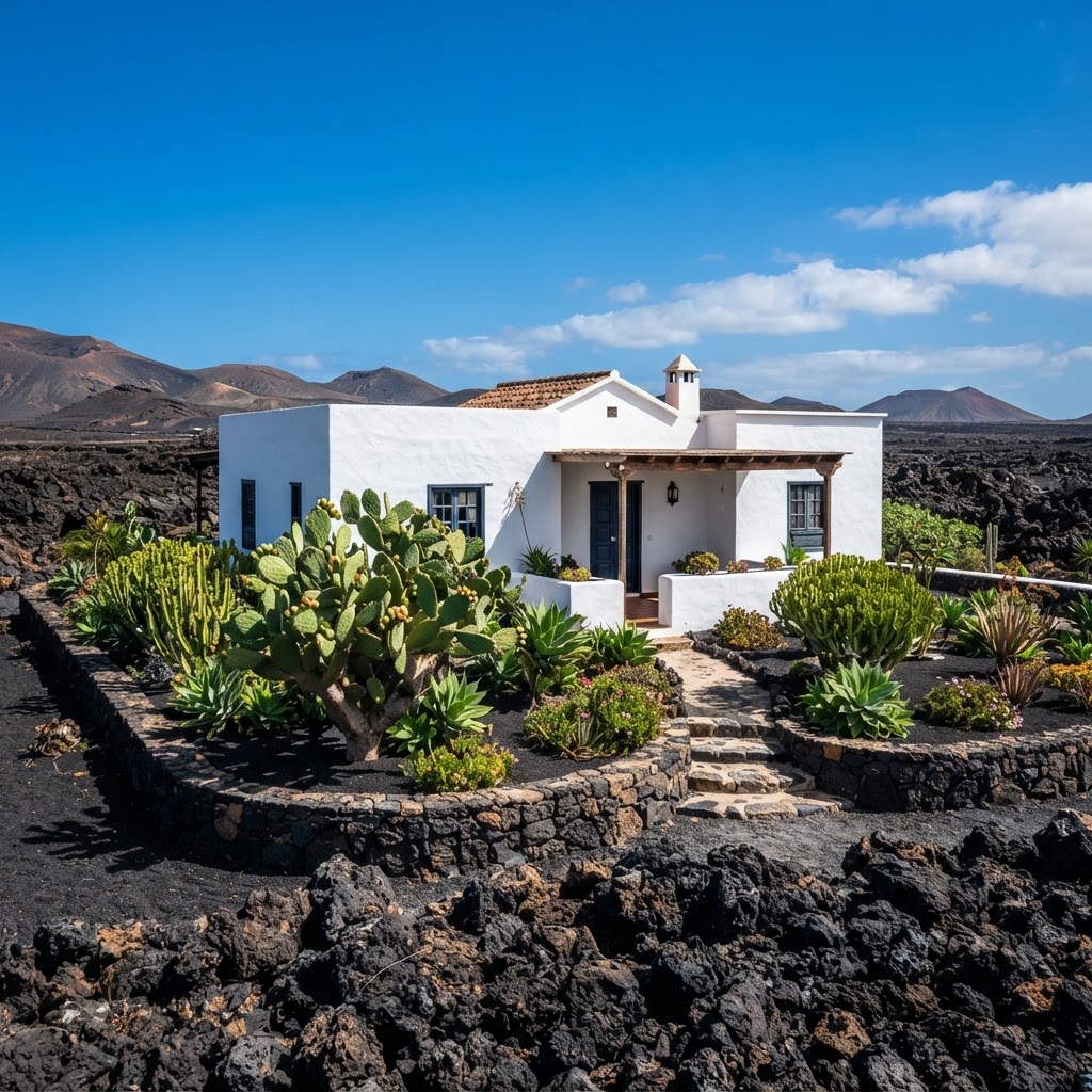 The unique contrast of white architecture and black volcanic rock in Lanzarote.