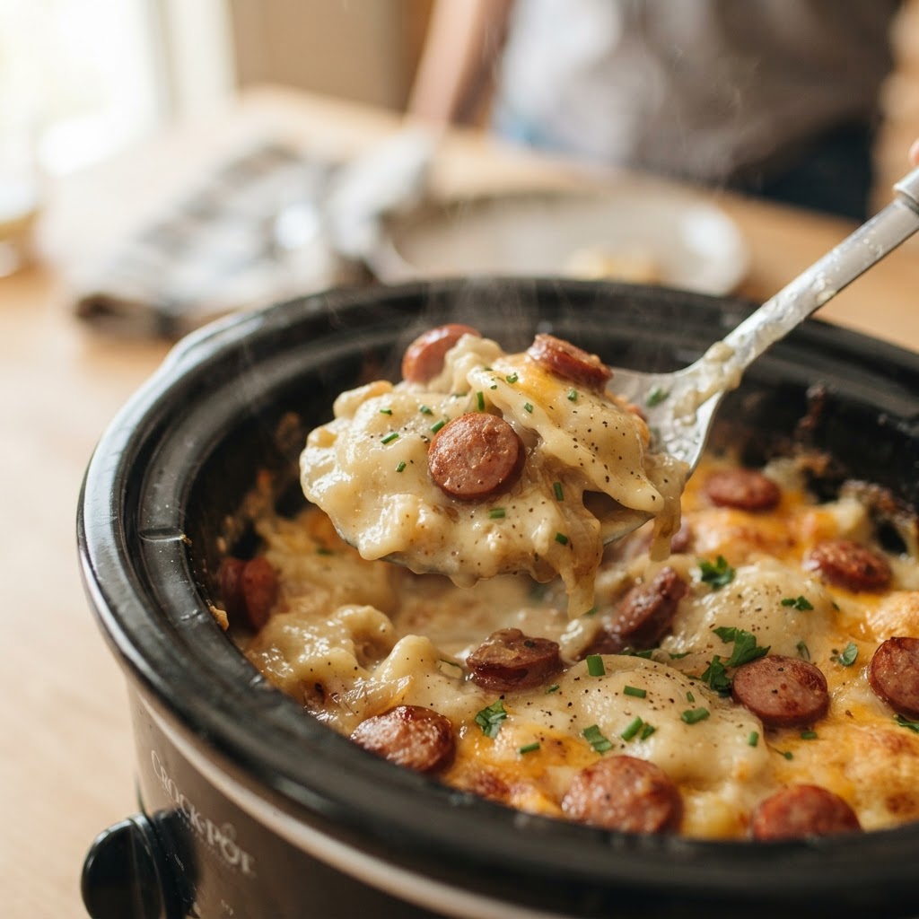 The perfect scoop of creamy, comforting pierogi and kielbasa casserole.